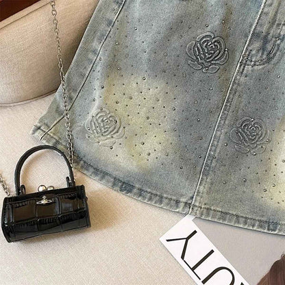 Bright Line Decoration Embroidered Diamonds Denim Short Skirt Female 2025 Spring Summer New Trend Sexy Buttons A-line Skirt