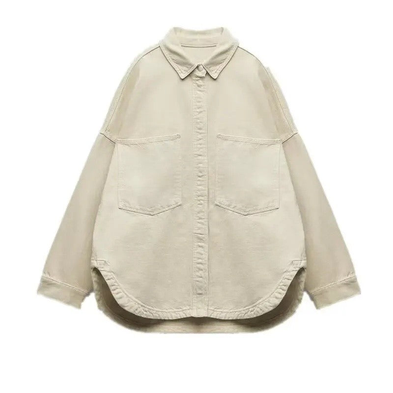 Retro Washed Loose Long Sleeve Women's Denim Shirt Vintage Workwear Style Button up Casual Outerwear from Mainland China