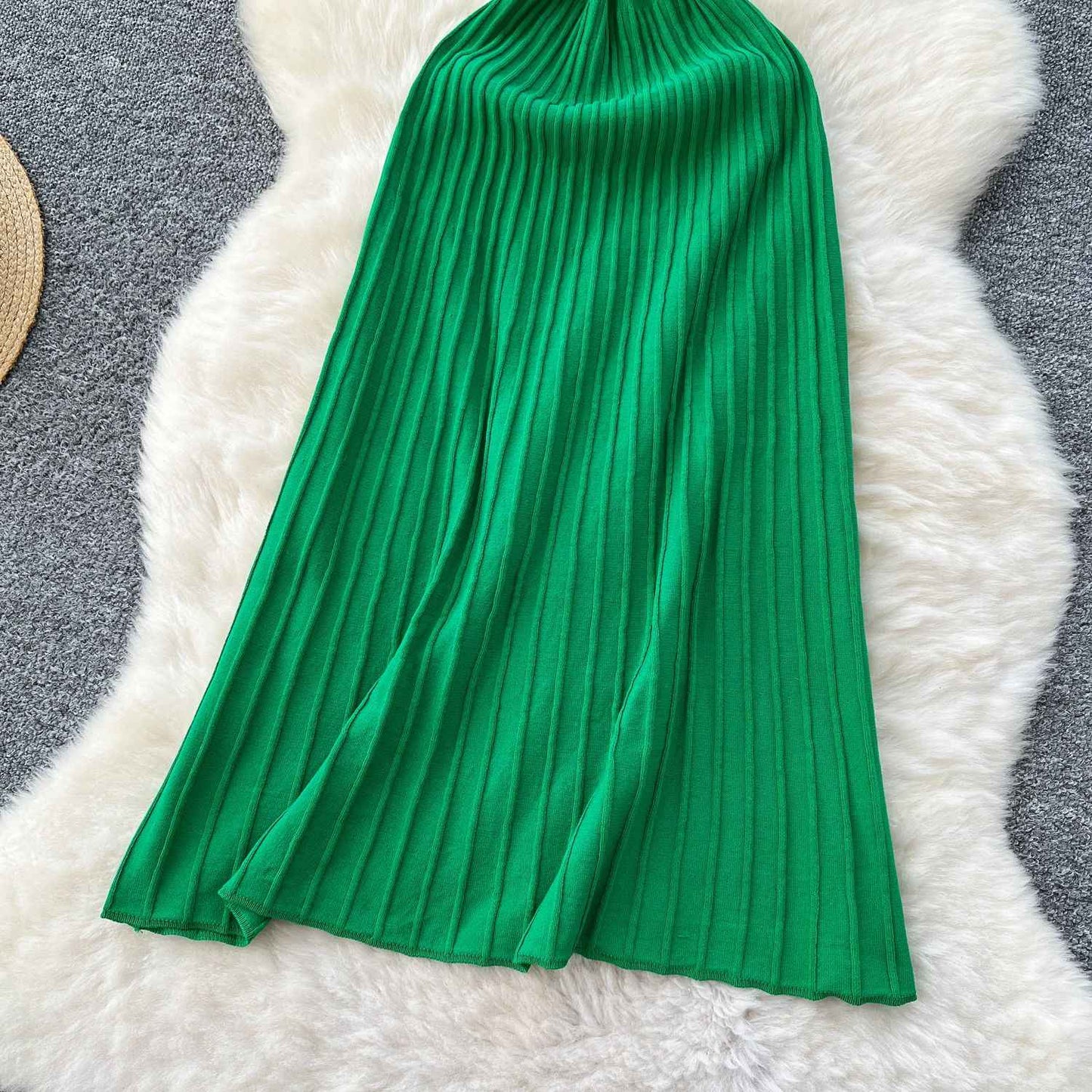 Knitted Pleated Long Dress High Waist Midi Sling Dress Elegant Sleeveless Yellow