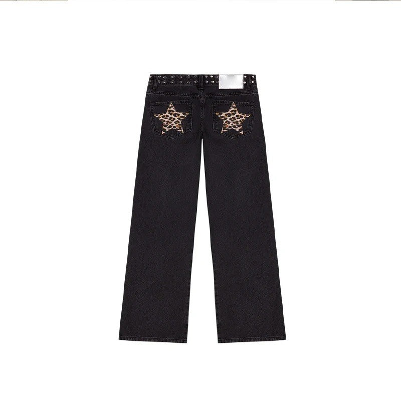 Spanish Street Fashion ONE DILEMMA Style Rivet Five-pointed Star Pattern White Jeans Women's Autumn Slim Straight Pants