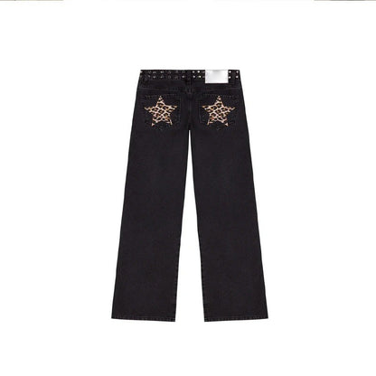 Spanish Street Fashion ONE DILEMMA Style Rivet Five-pointed Star Pattern White Jeans Women's Autumn Slim Straight Pants