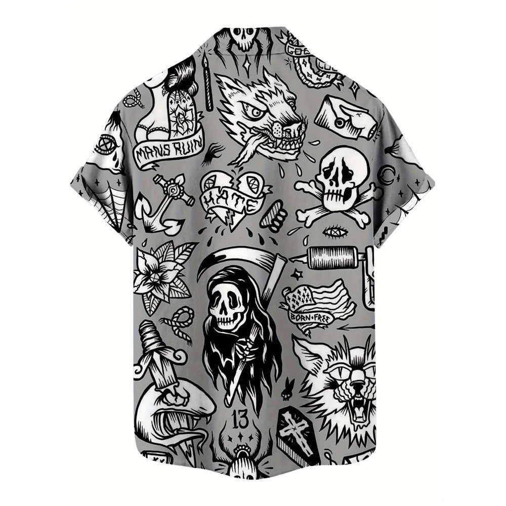 3D Skull Print Hawaiian Shirt, Street Gothic Style, Retro Fashion Flip-Top Shirt, Casual Summer Shirt, Beach Comics Shirt