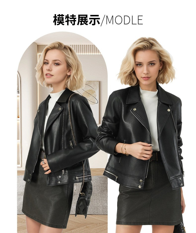 New Fall Women's Black Long-Sleeve Leather Jacket, Short-Length Collared PU Coat, Stylish Slim-Fit Biker Top.