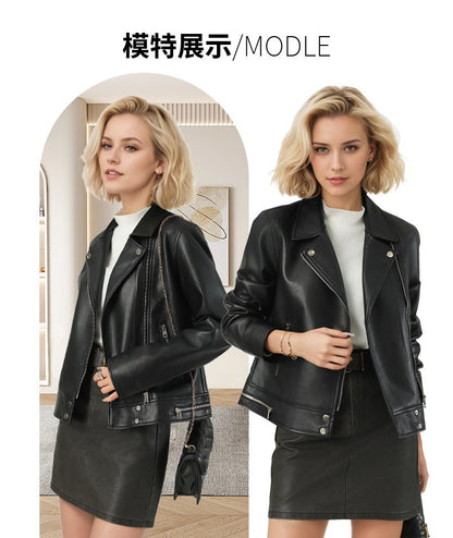 New Fall Women's Black Long-Sleeve Leather Jacket, Short-Length Collared PU Coat, Stylish Slim-Fit Biker Top.