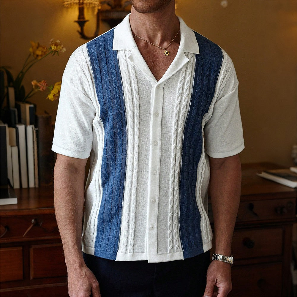 Men's Short Sleeve Summer Knit Lapel Striped Polo Shirt Fashion Light Luxury Popular Knitwear Breathable Top US Size