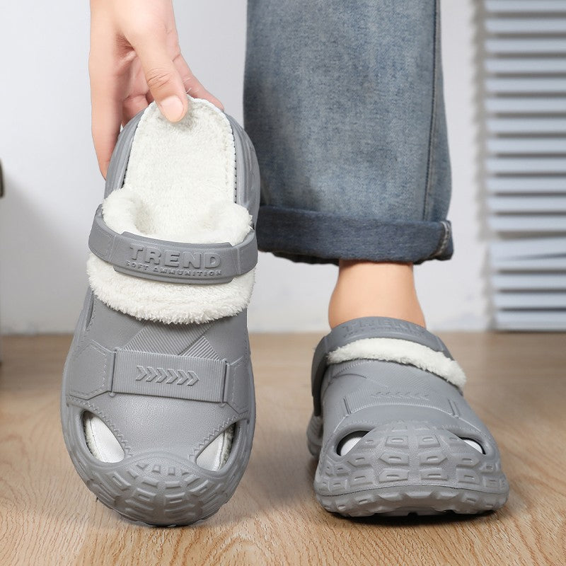 Big Size Winter Casual Men's Slippers Indoor Waterproof PU Leather Home Shoes Fur Flat Warm Fashion Bedroom Houseshoes