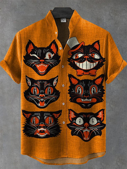 Hawaiian Summer 3D Cat Printed Men's Linen Shirt Casual Short Sleeve Shirt Loose, Vintage, Funny Men's Costume