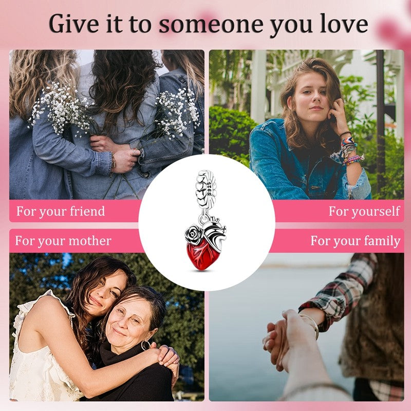 Heart & Organ Charm 925 Sterling Silver Red Rose Skull Dangle Pendant Dark Aesthetic Fit Bangle Bracelet Necklace DIY Jewelry