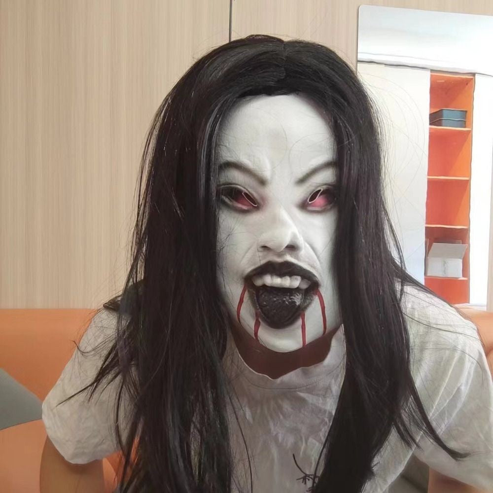 Latex Mask Scary Woman Masks Realistic Long Hair Party Cosplay Costume Ghostface Design Black Lips Creepier Headgear