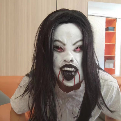 Latex Mask Scary Woman Masks Realistic Long Hair Party Cosplay Costume Ghostface Design Black Lips Creepier Headgear