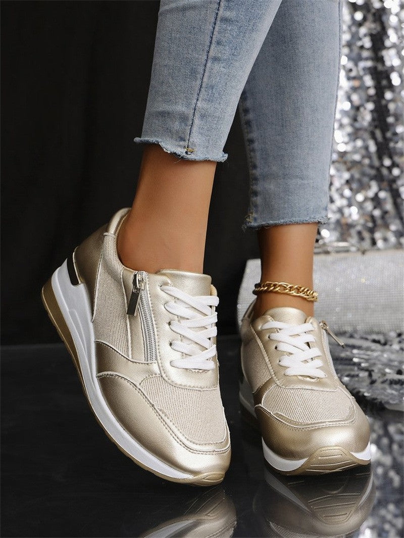Fashion Thick Bottom Silver Sneakers Women 2025 Spring Wedge Heel Vulcanized Shoes Woman Comfortable Lace Up Sport Sneaker Mujer