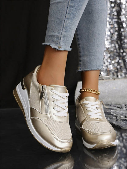 Fashion Thick Bottom Silver Sneakers Women 2025 Spring Wedge Heel Vulcanized Shoes Woman Comfortable Lace Up Sport Sneaker Mujer