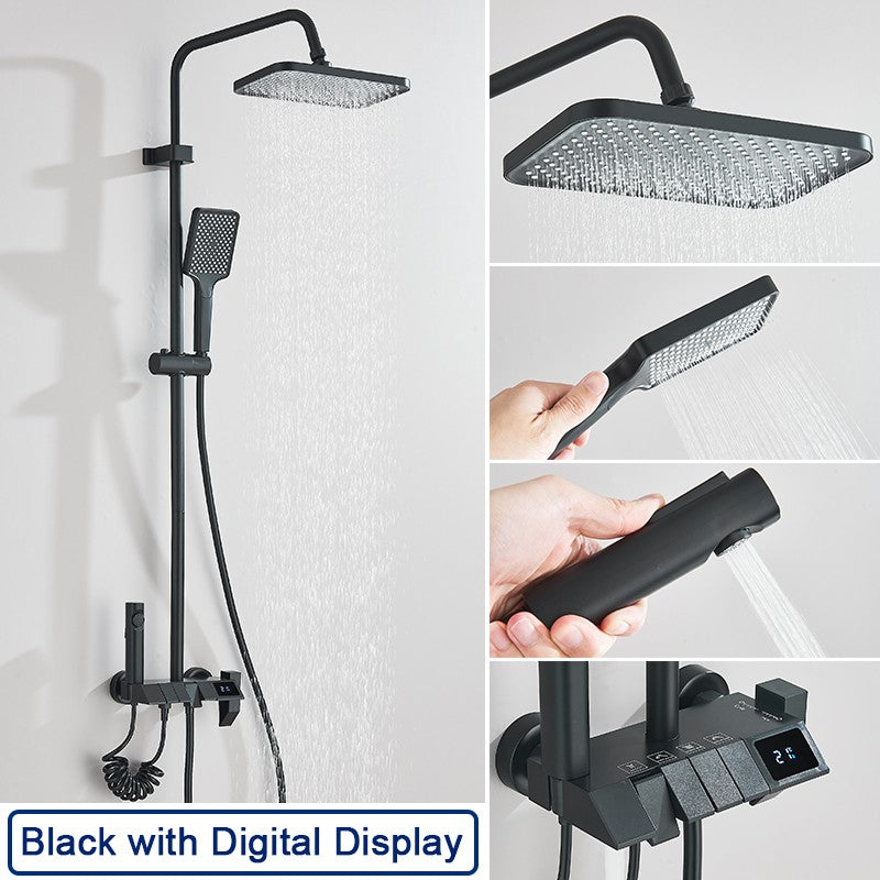 Conjunto de Torneira de Chuveiro Digital Inteligente Rozin Preto Estilo Piano Sistema de Banheiro Queda de Chuva Misturador Digital Cinza com Chuveirinho Bidê