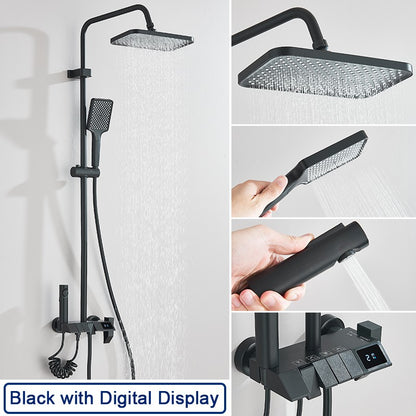 Conjunto de Torneira de Chuveiro Digital Inteligente Rozin Preto Estilo Piano Sistema de Banheiro Queda de Chuva Misturador Digital Cinza com Chuveirinho Bidê