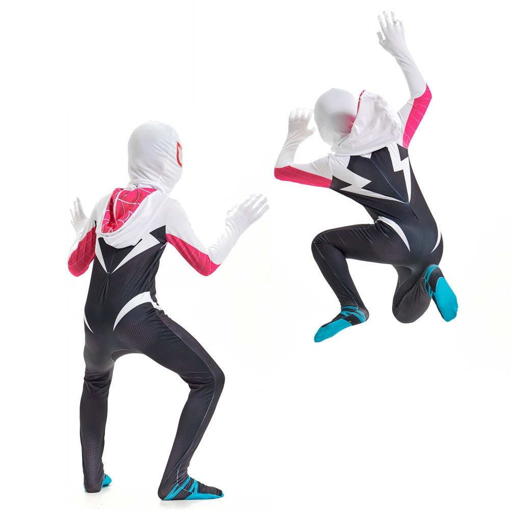 Spider-Gwen Official Adult Zentai Halloween Costume - Hooded Spandex Jumpsuit with Pull On Spandex Mask