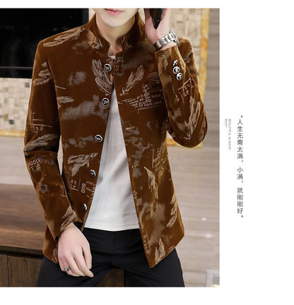 Luxury Retro Velvet Suit Jacket for Men Fashion Slim Fit Stand Collar Blazer Masculino Casual Business Wedding Dress Coat