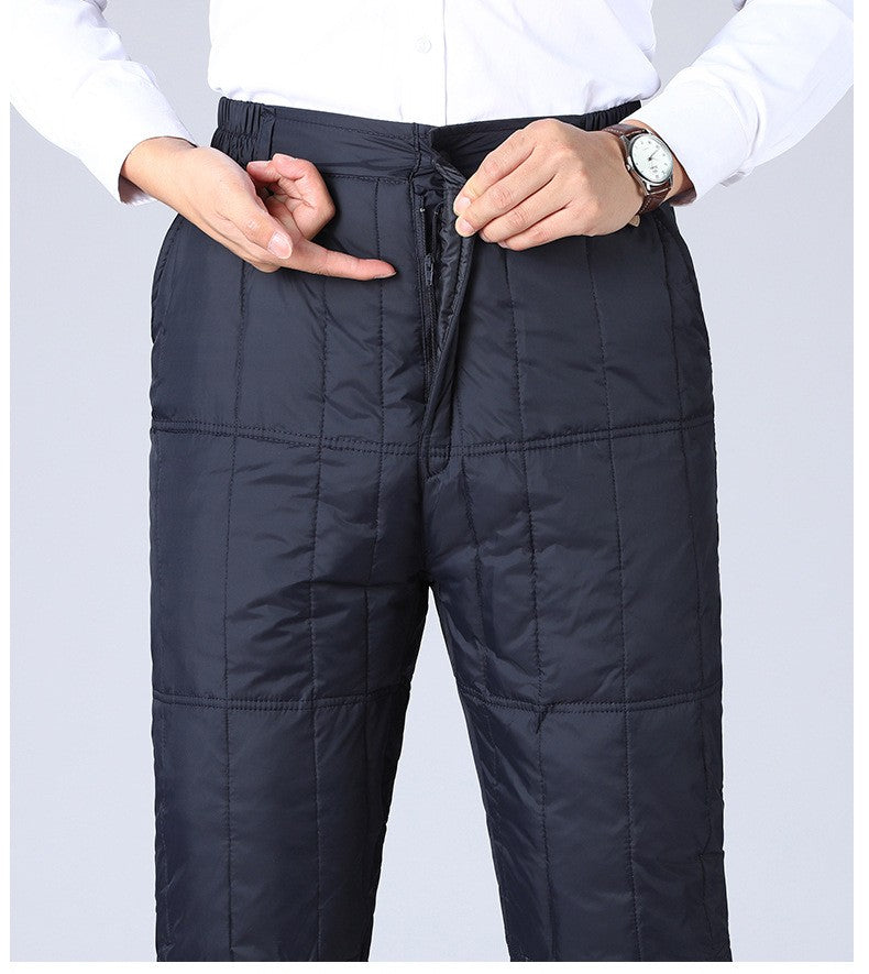 Inverno Masculino Calça de Pato Branco Cintura Alta Engrossada Quente Corta-Vento Térmica Calças para Homem de Meia-Idade PT-593