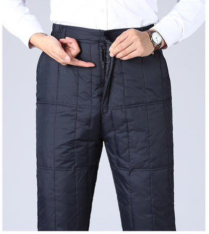 Inverno Masculino Calça de Pato Branco Cintura Alta Engrossada Quente Corta-Vento Térmica Calças para Homem de Meia-Idade PT-593