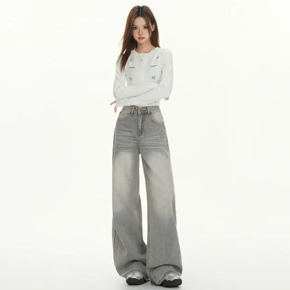 Gray American High Street Wide Leg Jeans Women Loose Drapey Slim Straight Floor-Length Pants High Waist Button Decoration