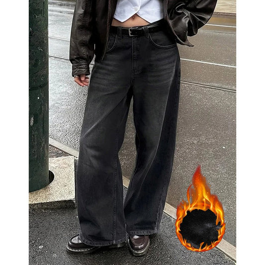 Winter Lady Thermal Plush High Waist Jeans Girls Snow Warm Fleece Denim Pants Female Casual Daily Straight Leg Trousers