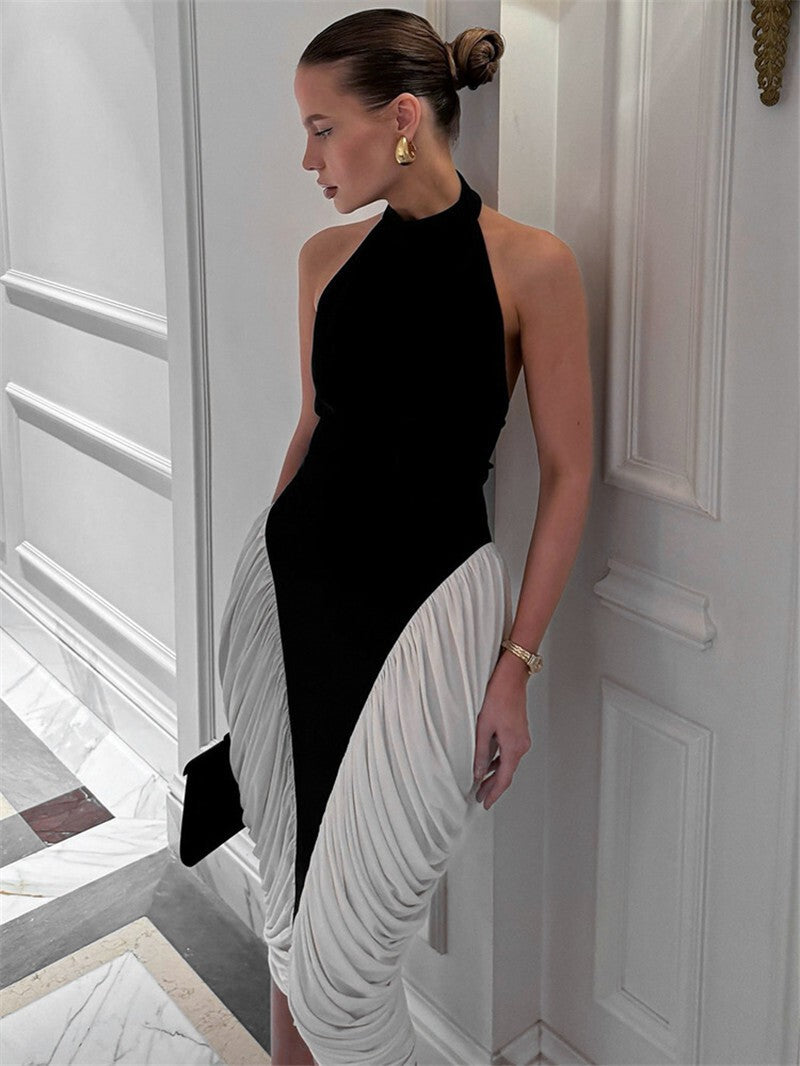 Mozision Patchwork Halter Backless Sexy Midi Dress Women Gown Elegant Fashion Co