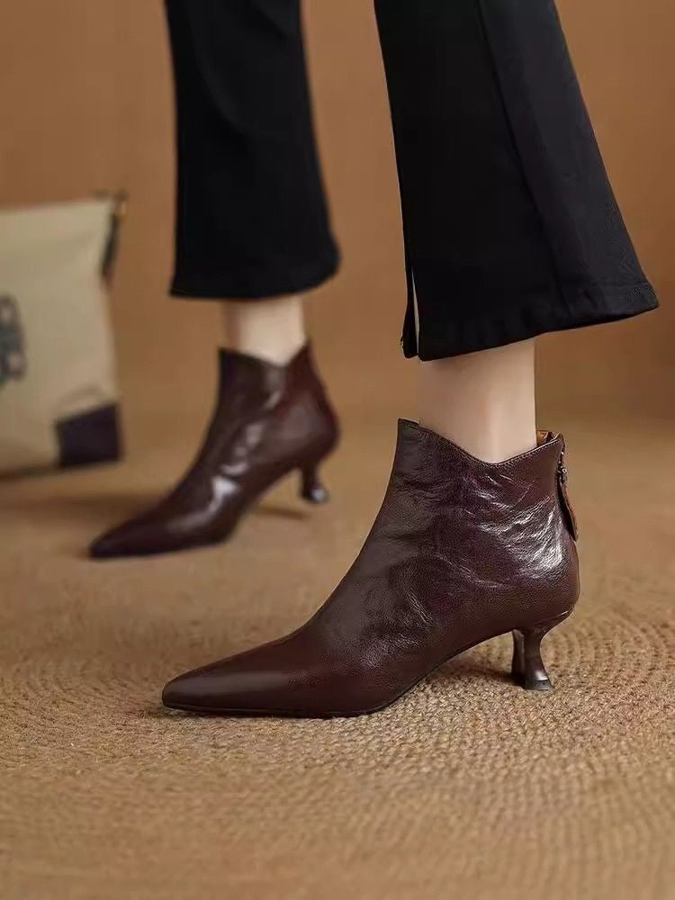 Elegant with Medium Heels Booties Autumn Winter Fleece-Lined Female Short Shoes Pointed Toe Leather Chelsea Women's Ankle Boots