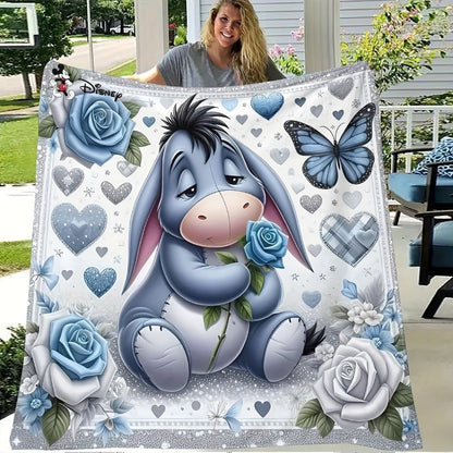 [Super Soft | Eeyore Plush] 1pc Super Soft Eeyore Plush Blanket | Flannel Bedspread with Logo Blue Roses & Hearts