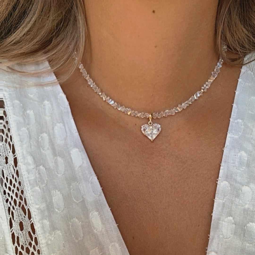 Colar Feminino Vintage de Moda Sexy com Pingente de Coração de Zircão Boho Geométrico Barroco com Corrente de Cristal Transparente