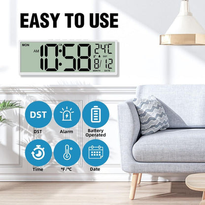 14.5 Digital Wall Clock Battery Operated with Big Digits LCD Screen Display, Large Display Timer with Temperature Date Week Auto