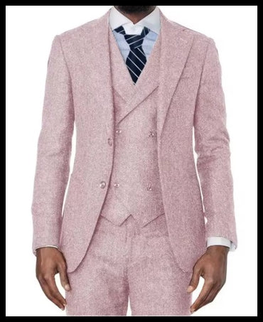 3 Pieces Green Wool Tweed Herringbone Business Retro Classic PatternTuxedos For Wedding Blazer Pants Vest