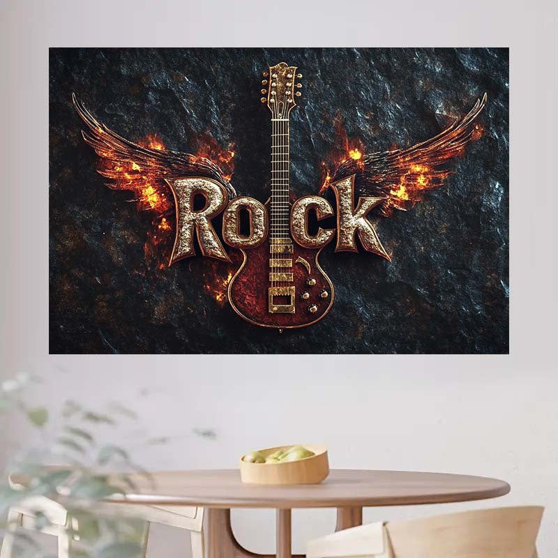 Rock Music Guitar Wall Art Flame Wings Design Band Room Decor Heavy Metal Theme 2D Flat Print Home Decoration