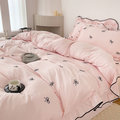 3pcs bow embroidery Bedding set ruffles Duvet Cover Set (1*Duvet Cover + 2*Pillowcase, Without Core)for bedroom guest room