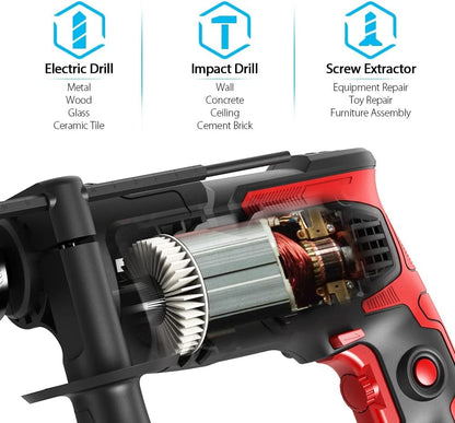 Furadeira de Impacto de 850W com Mandril de 1/2 polegada, Velocidade Variável 0-3000RPM para Concreto, Aço, Perfuração de Madeira