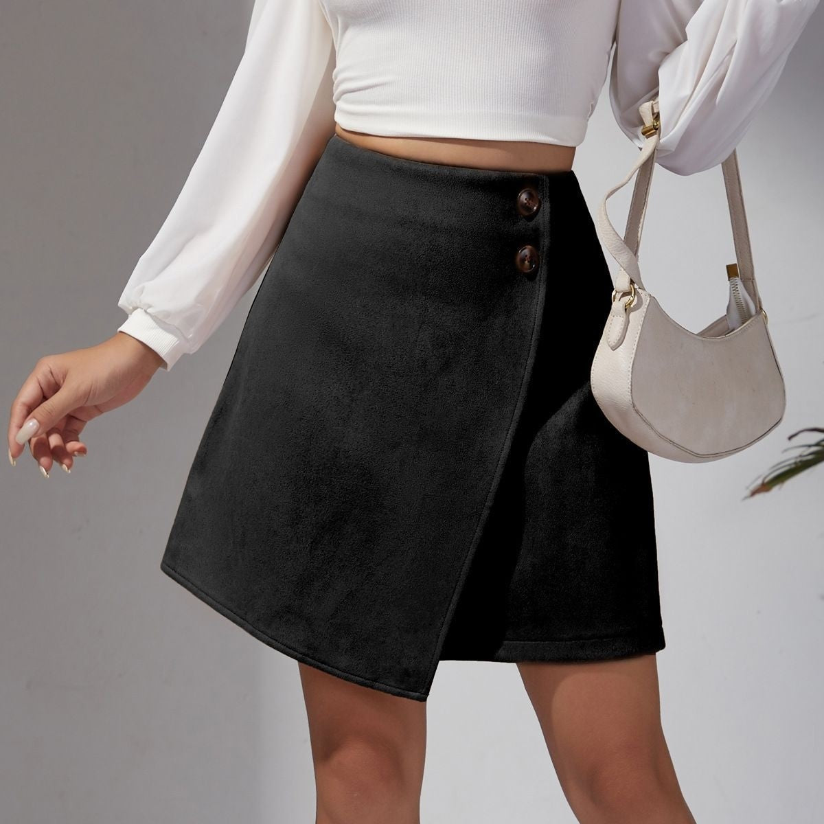 New Arrival 2025 Women's Autumn Winter Suede Irregular Skirt Solid Color High Waist Zipper Button Short Skirts For Woman