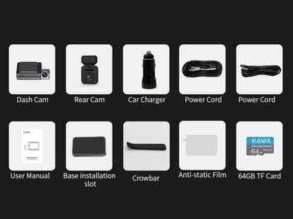 Câmera de painel KAWA D7 4K dianteira e traseira, gravador de vídeo 4K WiFi6, câmera automotiva, mini câmera traseira DVR para veículos, Dashcam com controle por APP/Voz
