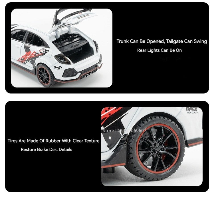 Scale 1:32 CIVIC TYPE-R Car Model Toy Doors Opened Music Light Pull Back Miniature Vehicle Models Deicast Metal Gifts for Kids