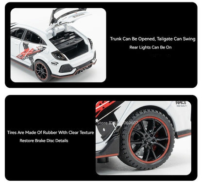 Scale 1:32 CIVIC TYPE-R Car Model Toy Doors Opened Music Light Pull Back Miniature Vehicle Models Deicast Metal Gifts for Kids