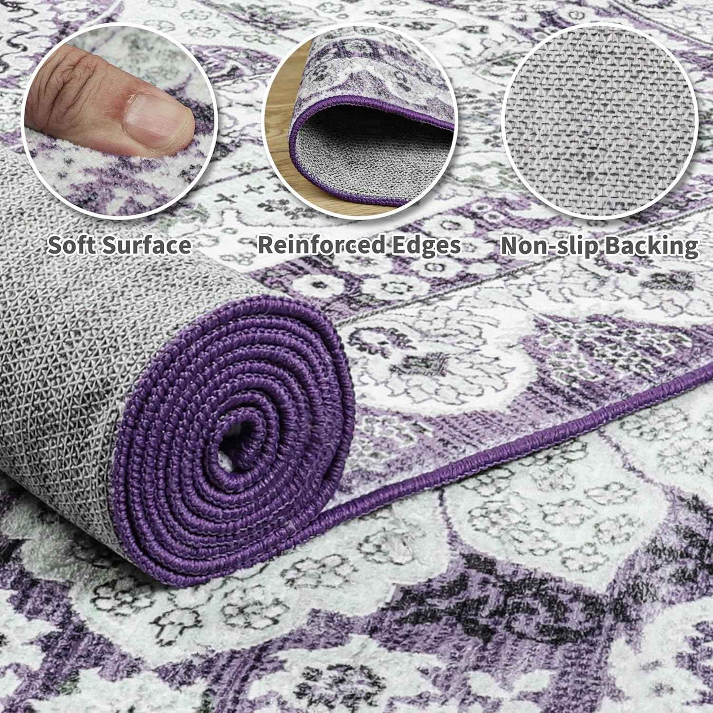 Area Rugs for Living Room, Machine Washable Vintage Rug, Non-Slip Low Pile Throw Rugs with Rubber Backing Washable Carpet