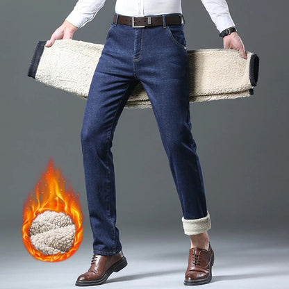 Calça Jeans Masculina de Inverno Forrada de Lã Grossa Sherpa Casual de Negócios Veludo Reta Masculina de Lã Pelúcia Clássica Elástica