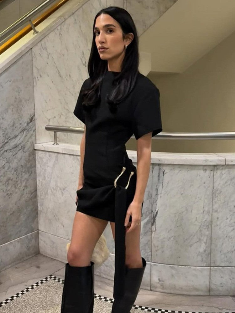 Mozision Short Sleeve Draped Sexy Mini Dress For Women Black Metal Buckle O Neck