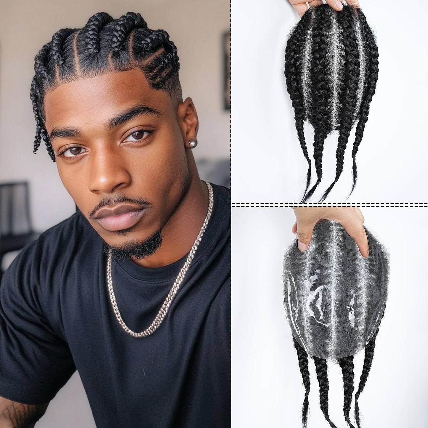 Peruca Masculina Cornrow Box Braids de Cabelo Humano, Touca Masculina de Cabelo Humano com Pele PU, Sistemas de Substituição de Cabelo para Homens, Prótese Capilar