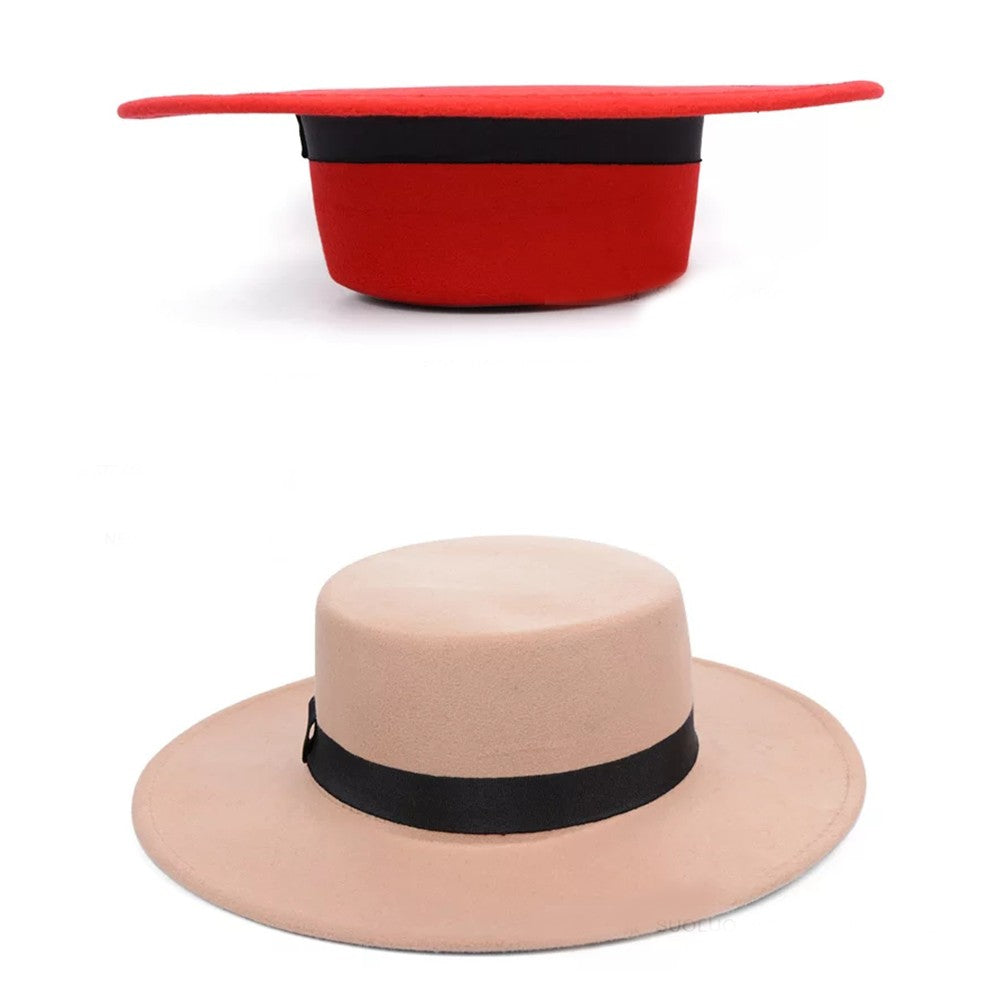New Classic Solid Color Felt Fedoras Hat Belt for Men Women Blend Jazz Cap Wide Brim Simple Church Derby Flat Top Hat Mujer