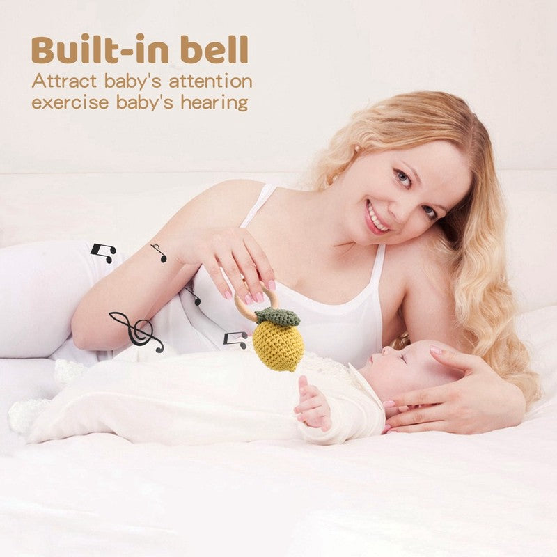 Baby Crochet Lemon Rattle Toys Wooden Bracelet Fruit Musical Rattle Teether Toys Handbell Newborn Soothing Oral Nursing Bite Toy