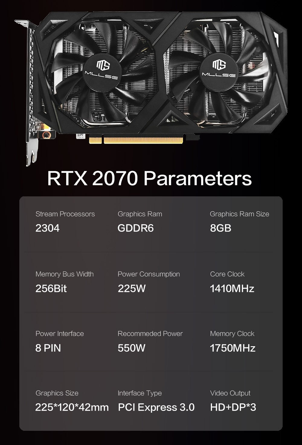Placa de Vídeo Mllse RTX 2070 8GB GDDR6 256Bit PCIE PCI-E3.0 16X 1470MHz 2304 unidades DP*3 rtx 2070 8G para Jogos