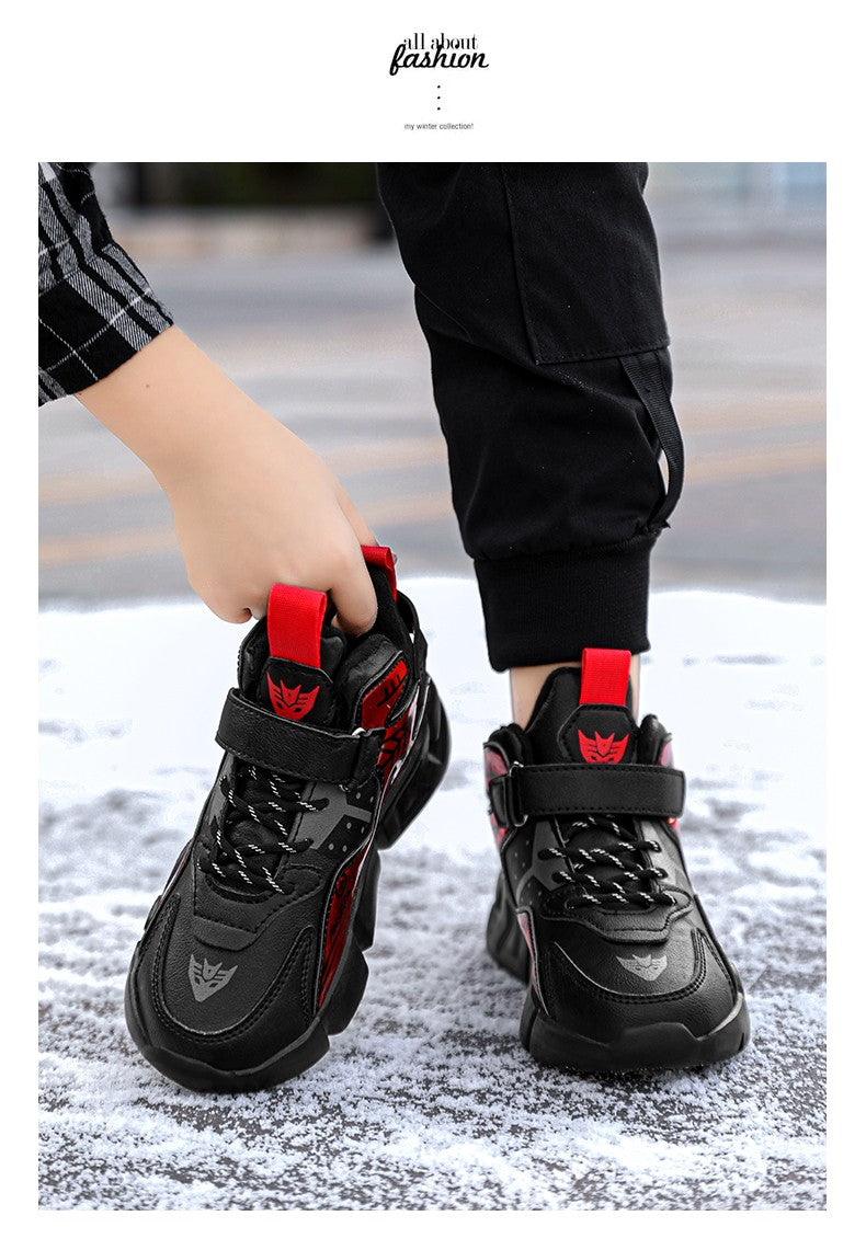 Winter Children's Fashion Sports Shoes Leather Boys' Running Sneakers Flat Casual Walking Shoes Warm Lightweight Outdoor Boots