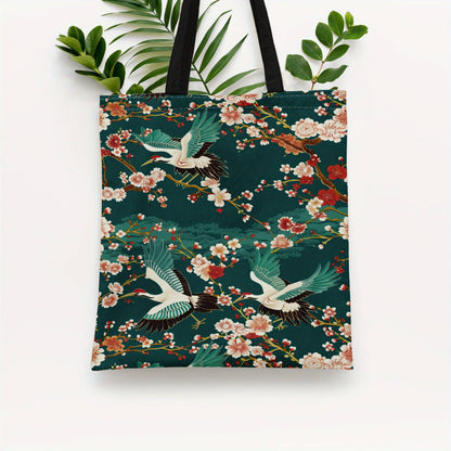 Japanese-Inspired Tote Bag with Crane And Floral Print, No Closure, Unlined, Durable Reusable Shopping Bag