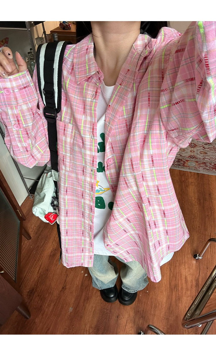 Ice Blue Plaid Long Sleeve Shirt Unisex Premium Cleanfit Denim Fabric V-neck Open Cardigan Style Holiday Vibes Short Length