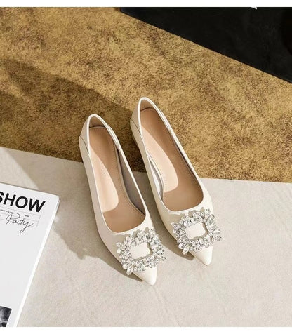 Women's Elegant Black Mid Block Heels Pumps with Crystal Rhinestone Pointed Toe Dress Shoes