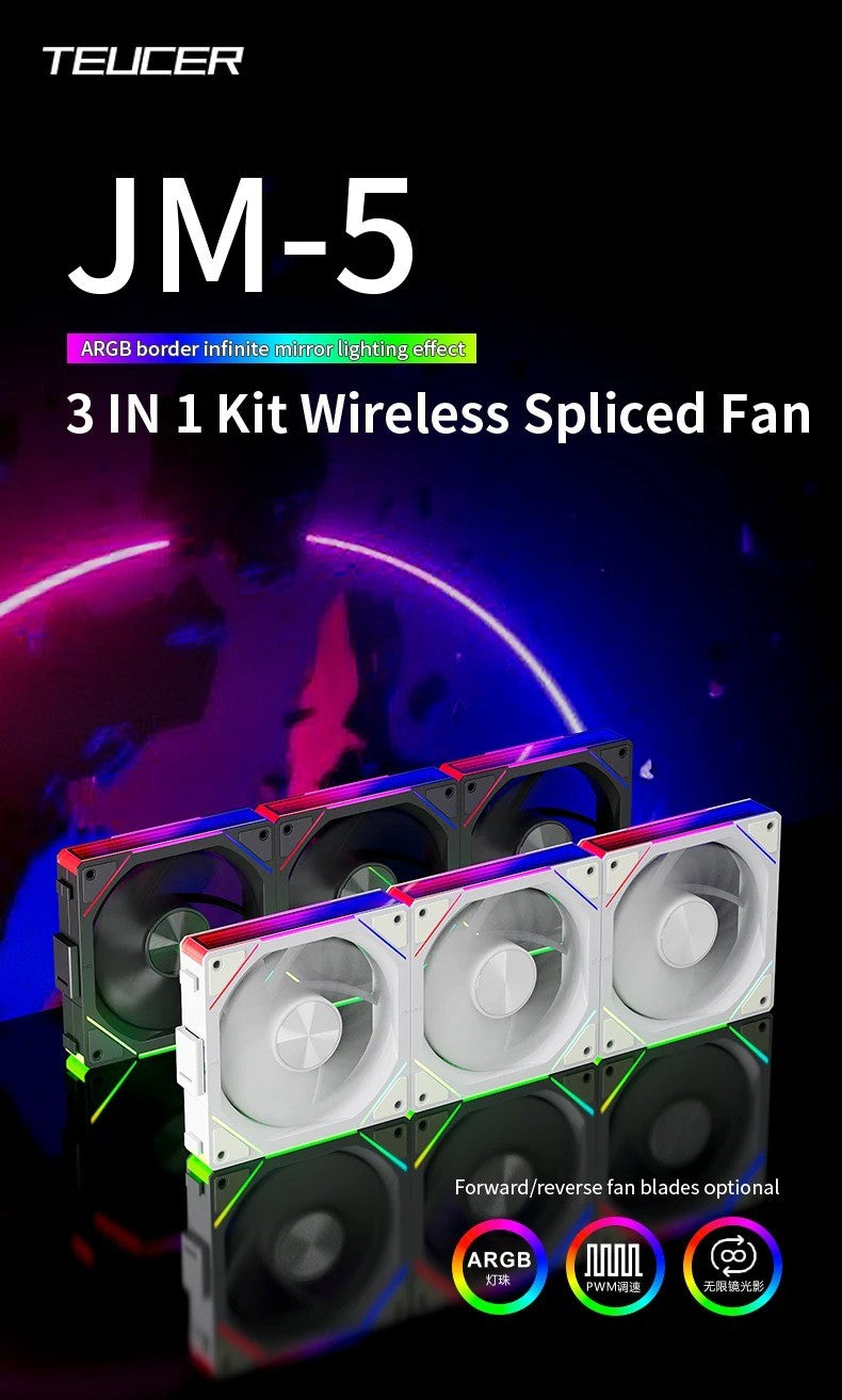 TEUCER JM-5 Case Fan 120mm 5V 3Pin ARGB Mirror Light Effect Cooling Fan PWM 800 to 2000RPM CD Texture Water Cooling Radiator Fan