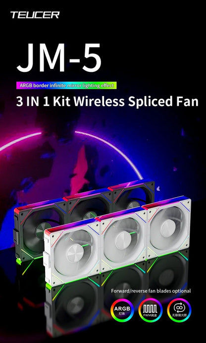 TEUCER JM-5 Case Fan 120mm 5V 3Pin ARGB Mirror Light Effect Cooling Fan PWM 800 to 2000RPM CD Texture Water Cooling Radiator Fan